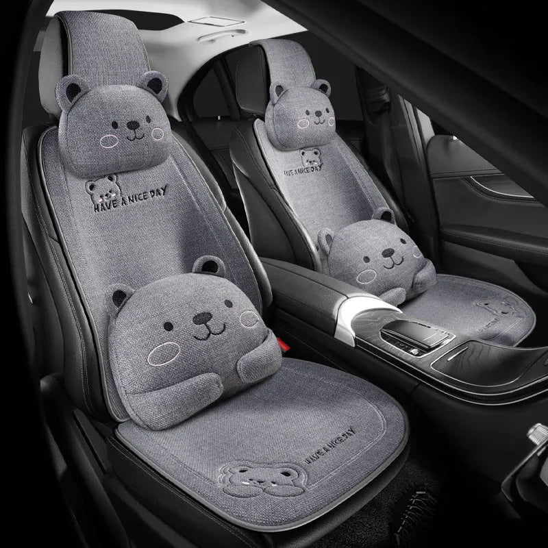 Car seat cushion set showing lumbar support and headrest pillow in linen fabric