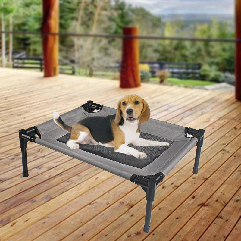 Black portable outdoor dog bed with steel frame and Oxford cloth cover for camping and travel