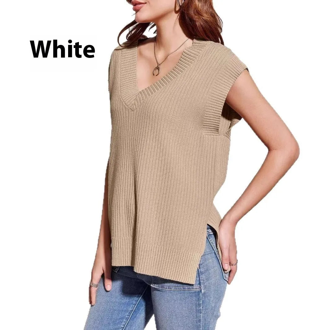 Women's V-neck sleeveless vest in thin viscose fabric with striped pattern, loose fit