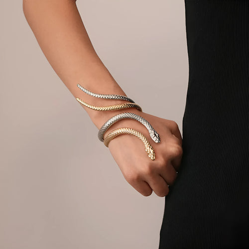 Gold electroplated metal exaggerated twisted winding snake ring and bracelet jewellery set