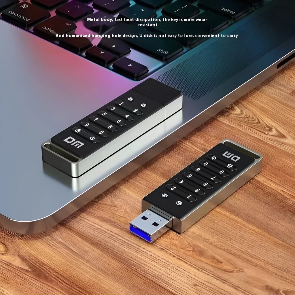 Metal USB flash drive with fingerprint scanner and 64GB storage capacity