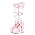 Pink women's chunky heel lace-up water platform pumps with round toe and imitation leather lining