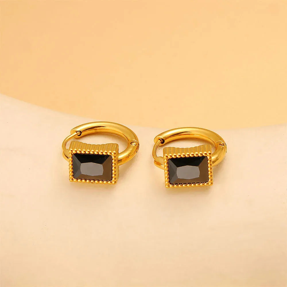 Square geometry design stainless steel earrings with a round zircon stone in black, green or white.