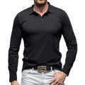 Men's dark grey cotton polo collar long sleeve t-shirt laid flat, showing American retro style.