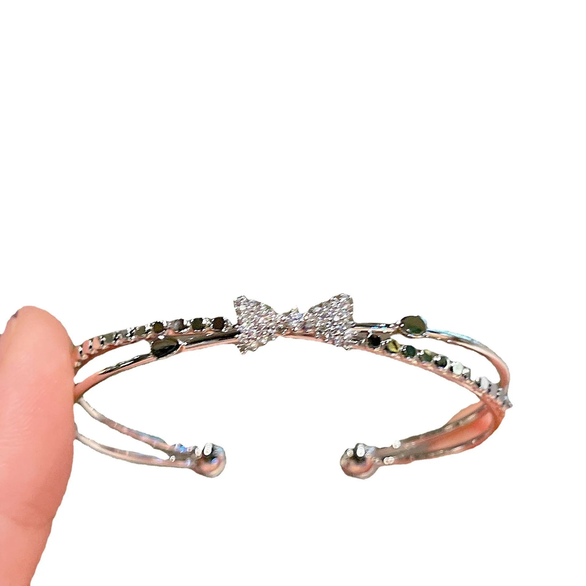 Women's silver electroplated copper bow bracelet with zircon stones minimal style