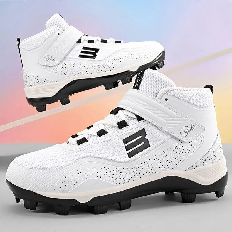 Adult black and white training sneakers with Velcro strap and wear-resistant rubber sole for softball.
