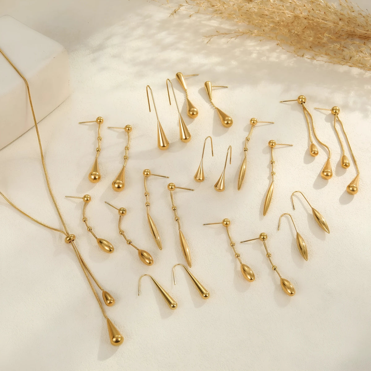 Tassel water drop earrings Y word chain geometric drop shape stainless steel 18K electroplated women