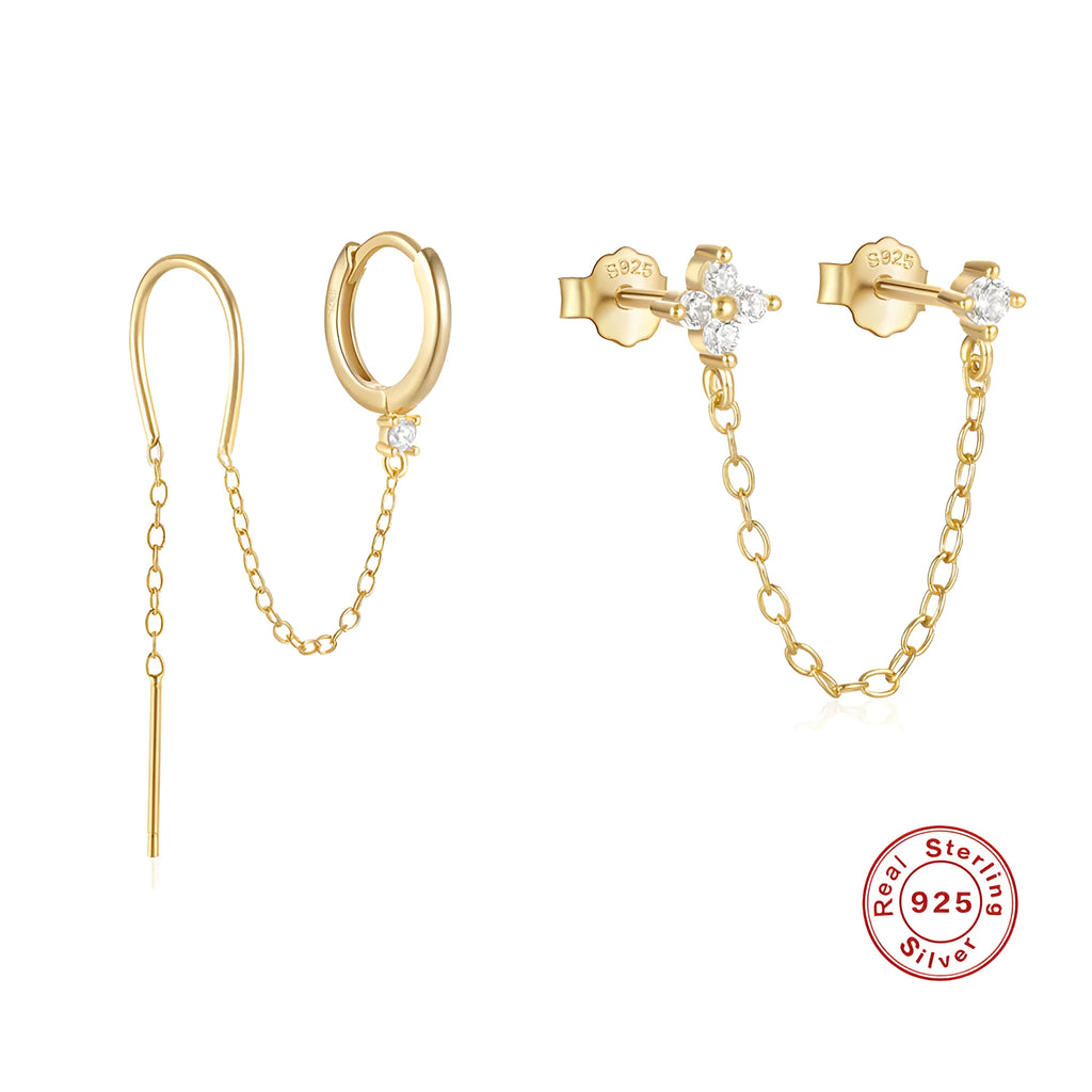 S925 sterling silver ear studs with geometric flower design and tassel chain elements in golden colour