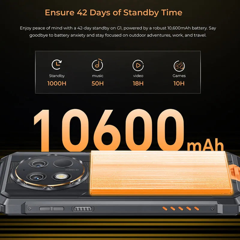 OUKITEL G1 mobile phone in grey, green and orange colours with included charger