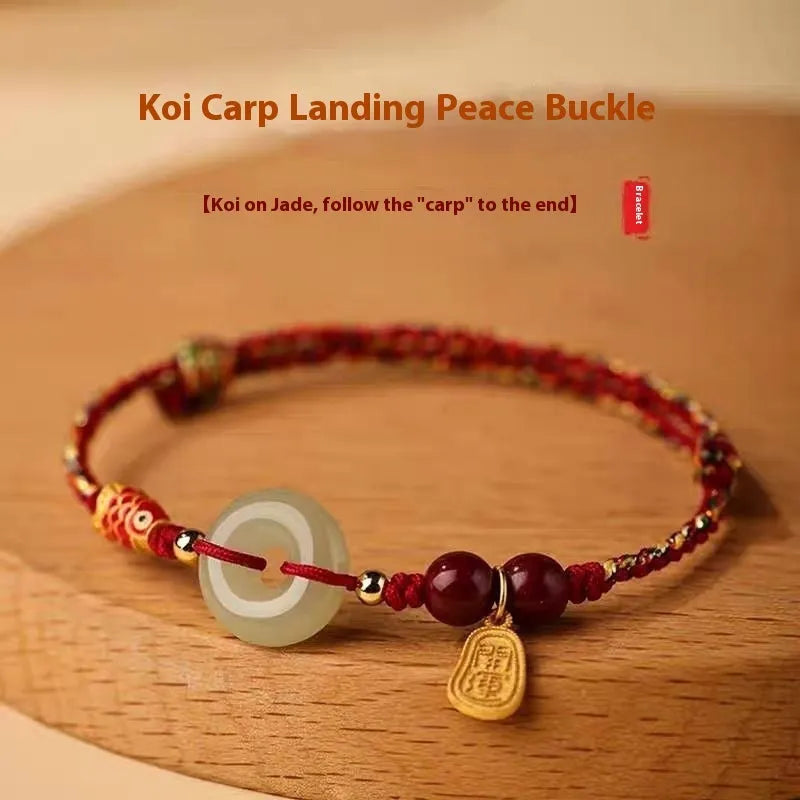 Hetian Jade Peace Buckle Bracelet with braided cord in choice of colourful, red or black