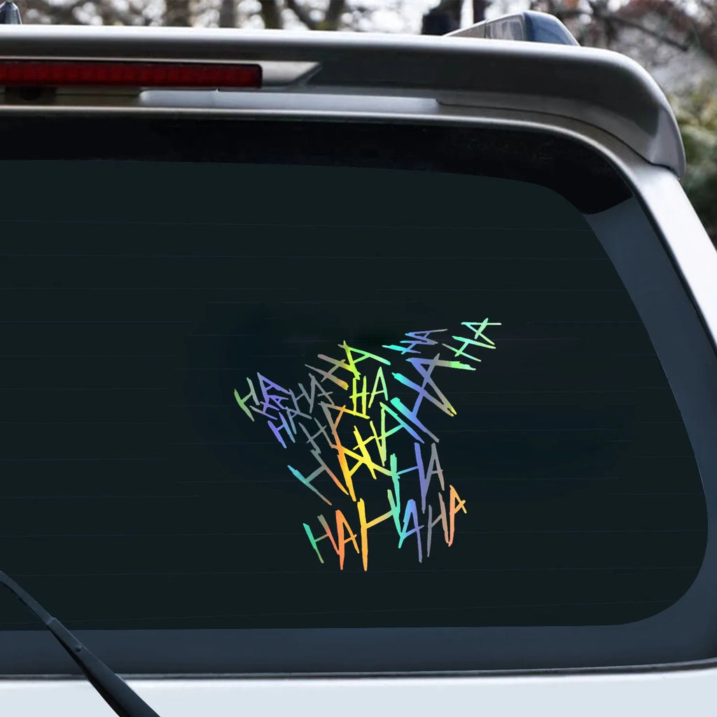 Reflective car bumper sticker with Hahaha English text in 11x12cm size, shown in a colour option