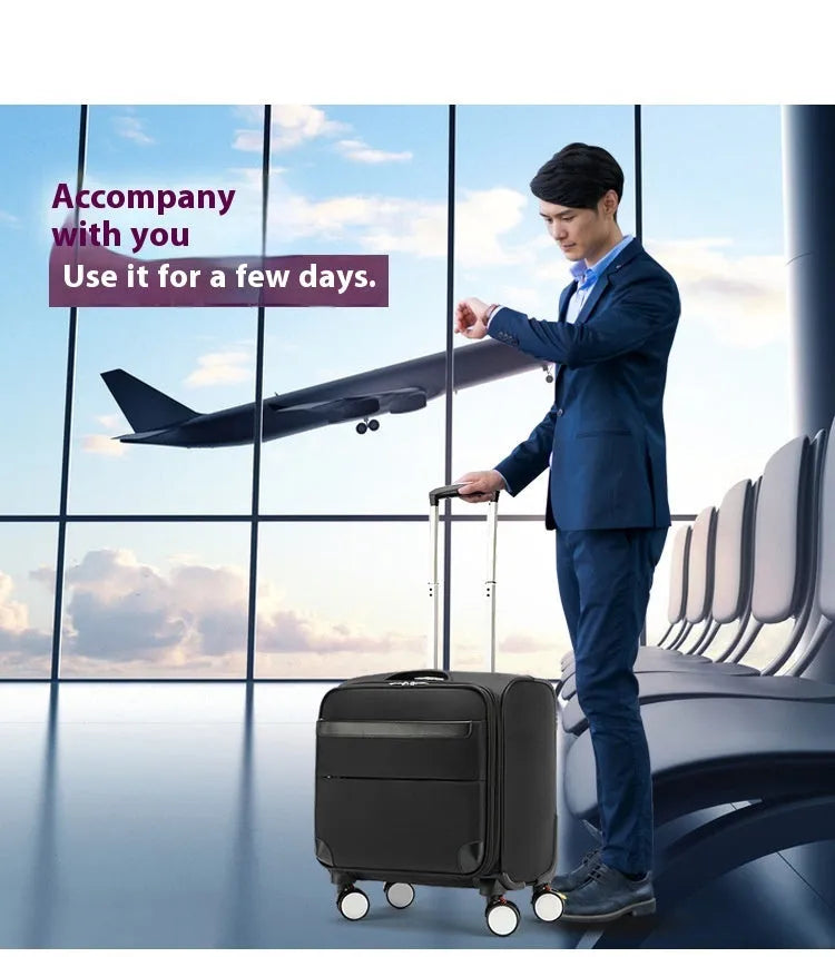 18-inch black Oxford cloth carry-on suitcase with telescopic handle and four spinner wheels.