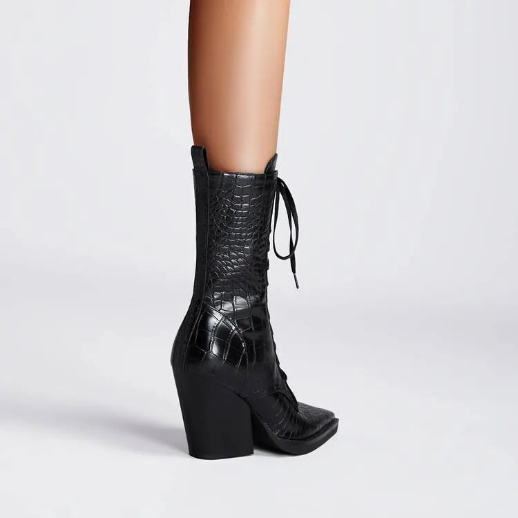 Women's dark brown retro ankle boots with stone pattern, pointed toe, lace front, and chunky heel