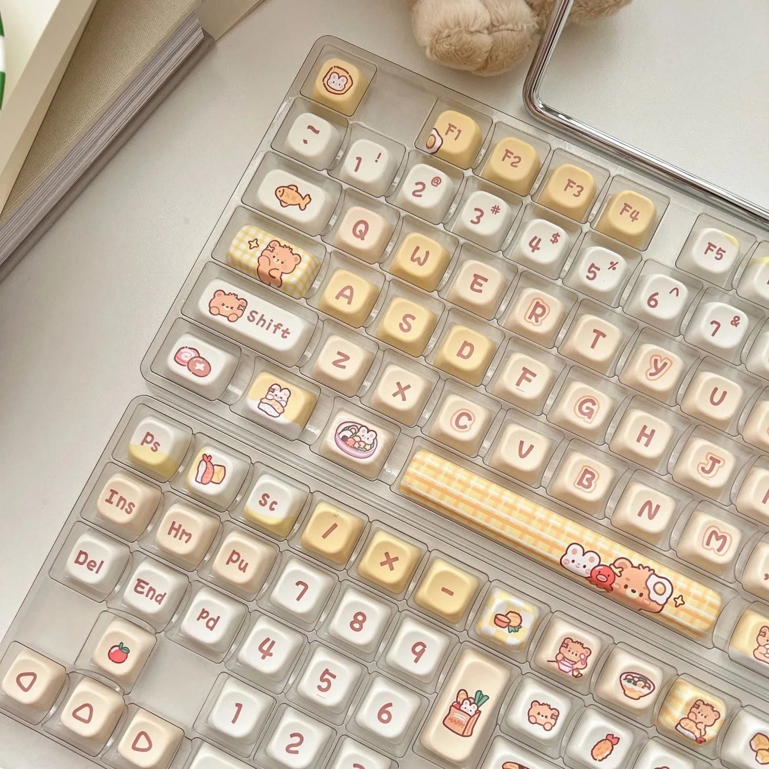 Rabbit Bear Restaurant cartoon themed PBT keycap set in EOA height profile, 140 pieces.