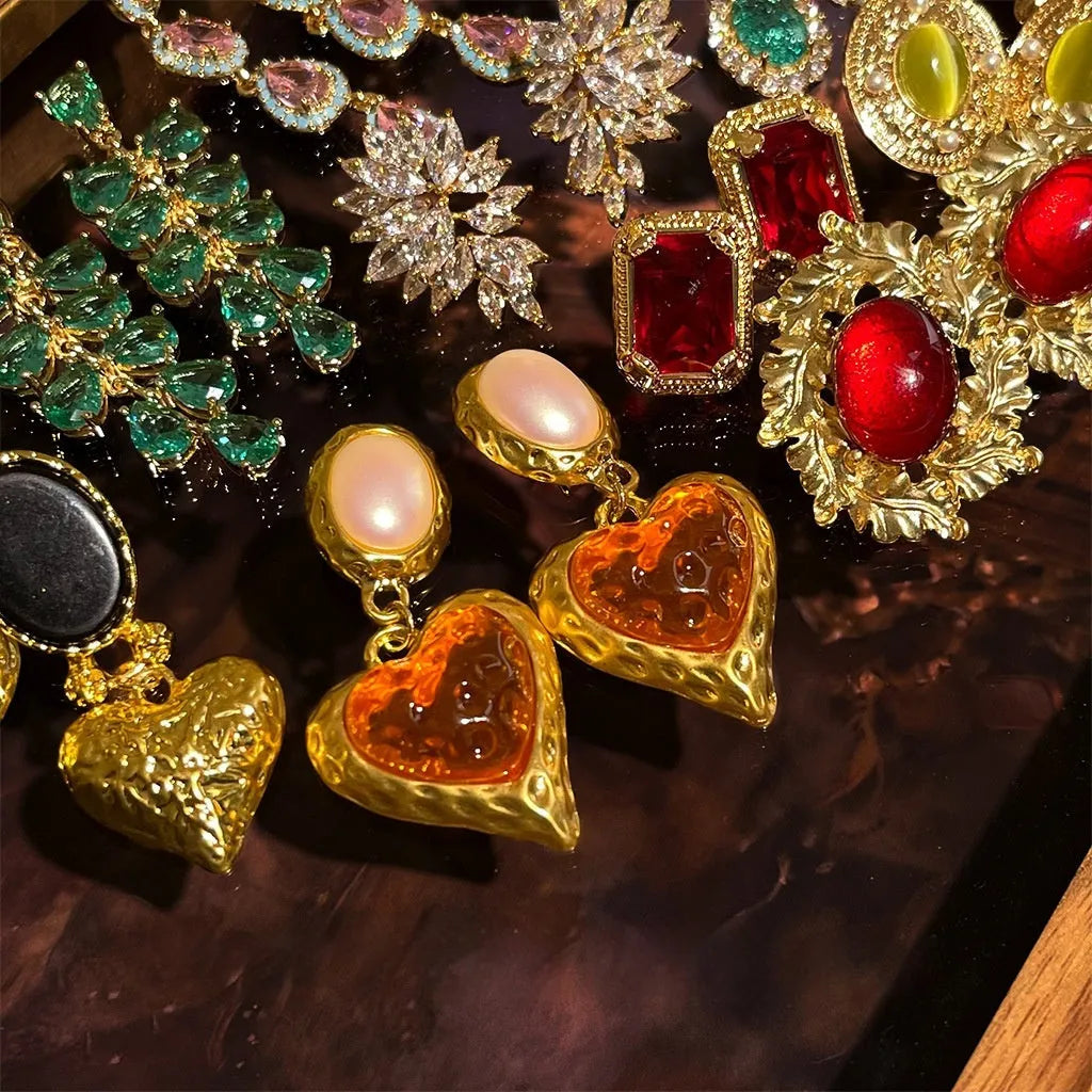 Vintage heavy industry geometric copper drop earrings with zircon and cat-eye style stones for women