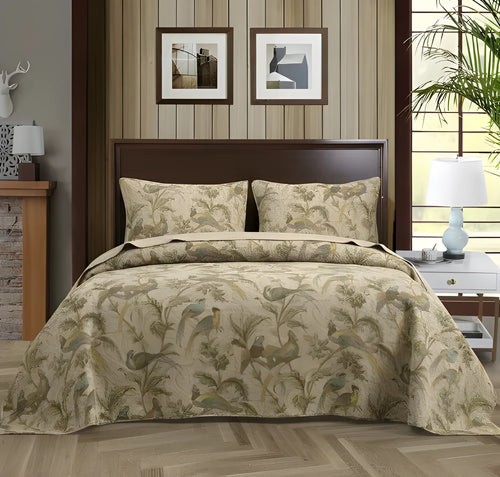 Blue American-style cotton bedspread with floral bird pattern, part of a 3-piece quilted set.