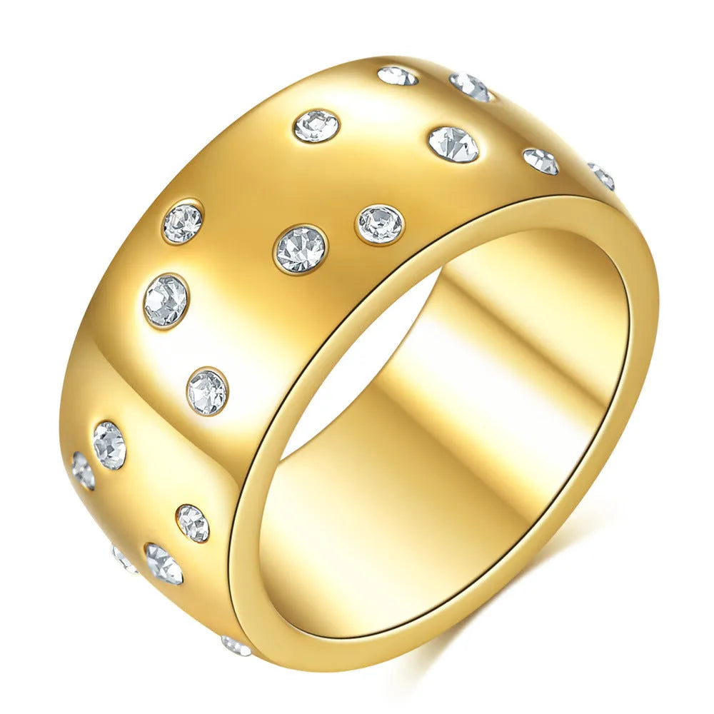 A women's titanium steel couple ring with diamond treatment and starry detail, shown in black, gold, rose gold and steel colour.