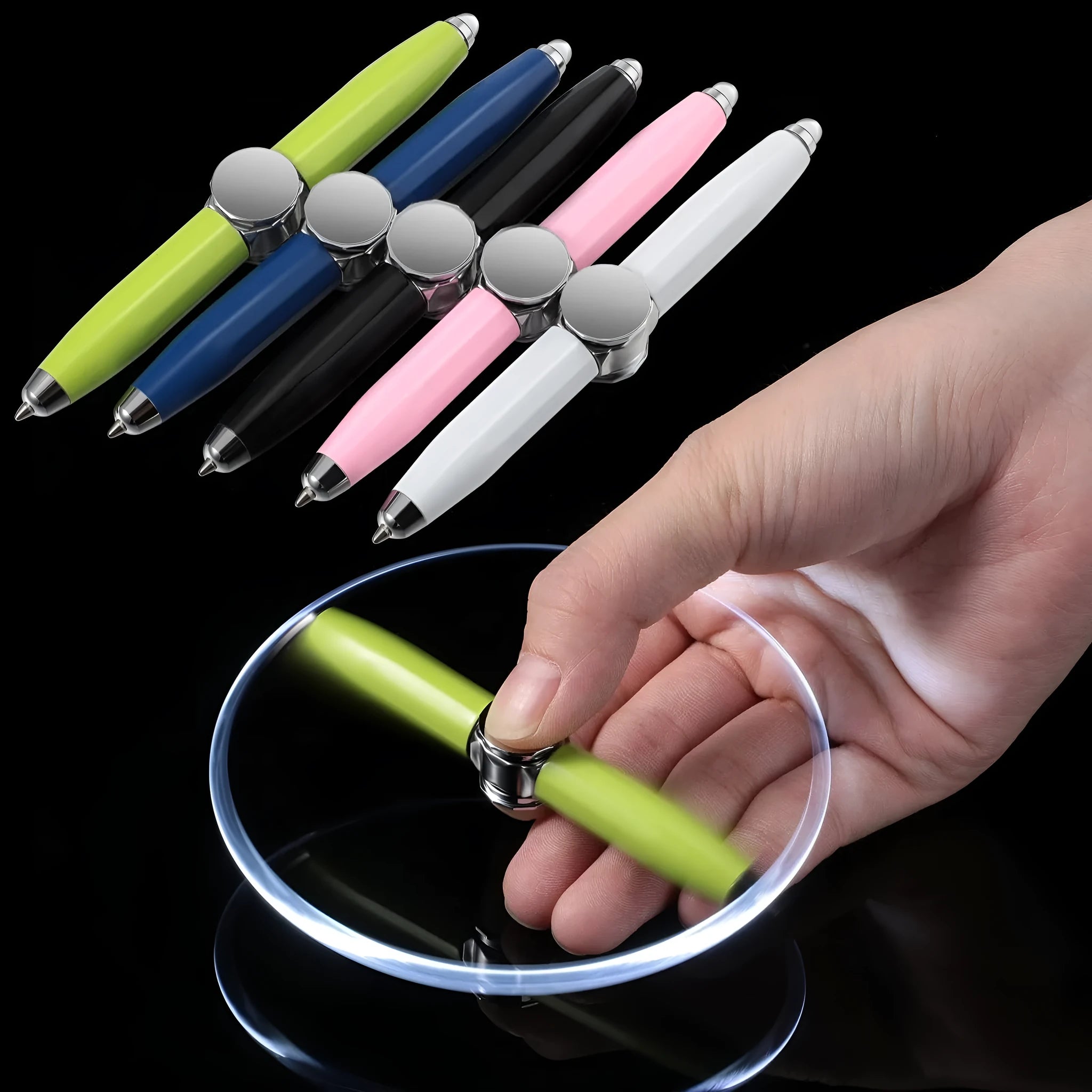 Metal ballpoint pen with integrated LED spinning gyro on the end