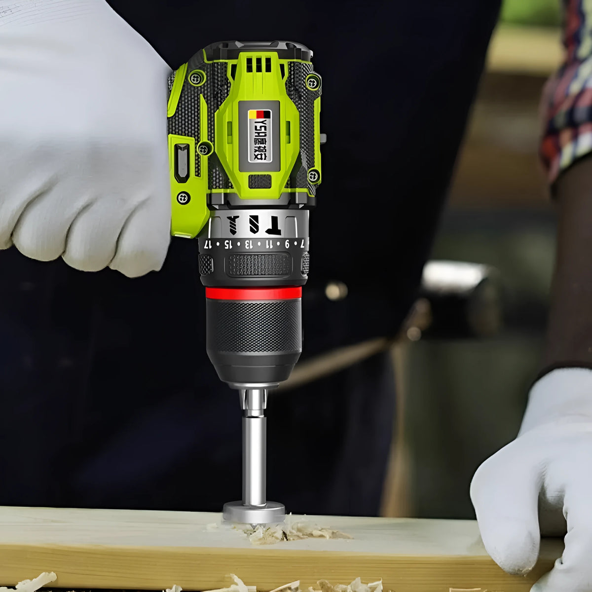 21V brushless impact drill with 300W power, 10mm chuck, and 150 Nm torque for wood, steel, and concrete
