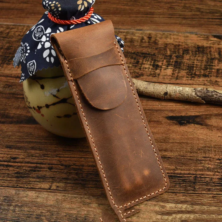 Square vintage pencil case made from Crazy Horse leather measuring 16cm by 6cm