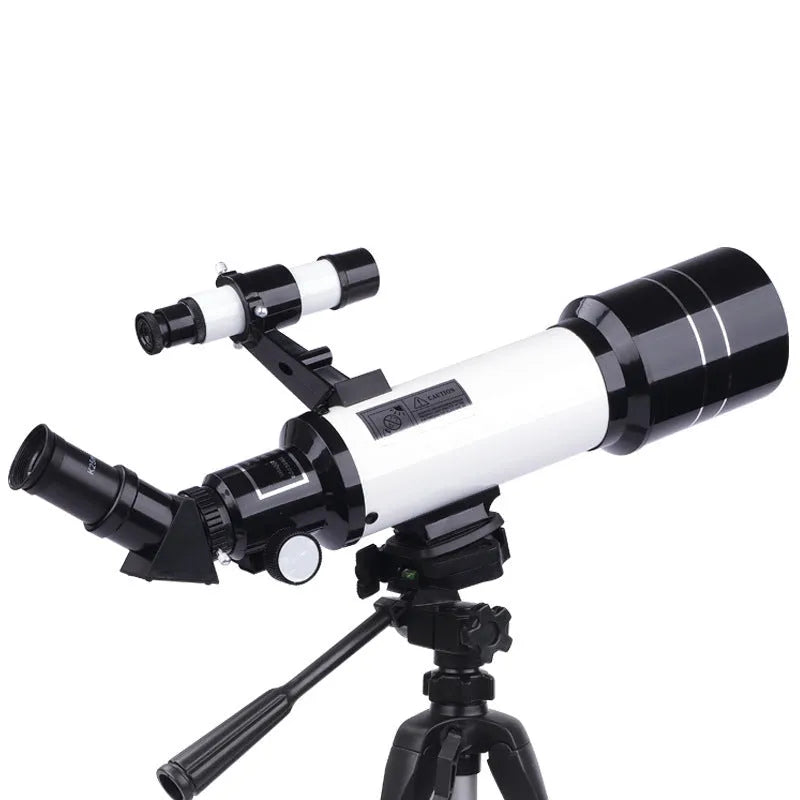 Dark blue children's astronomical telescope with tripod extended, showing monocular design.