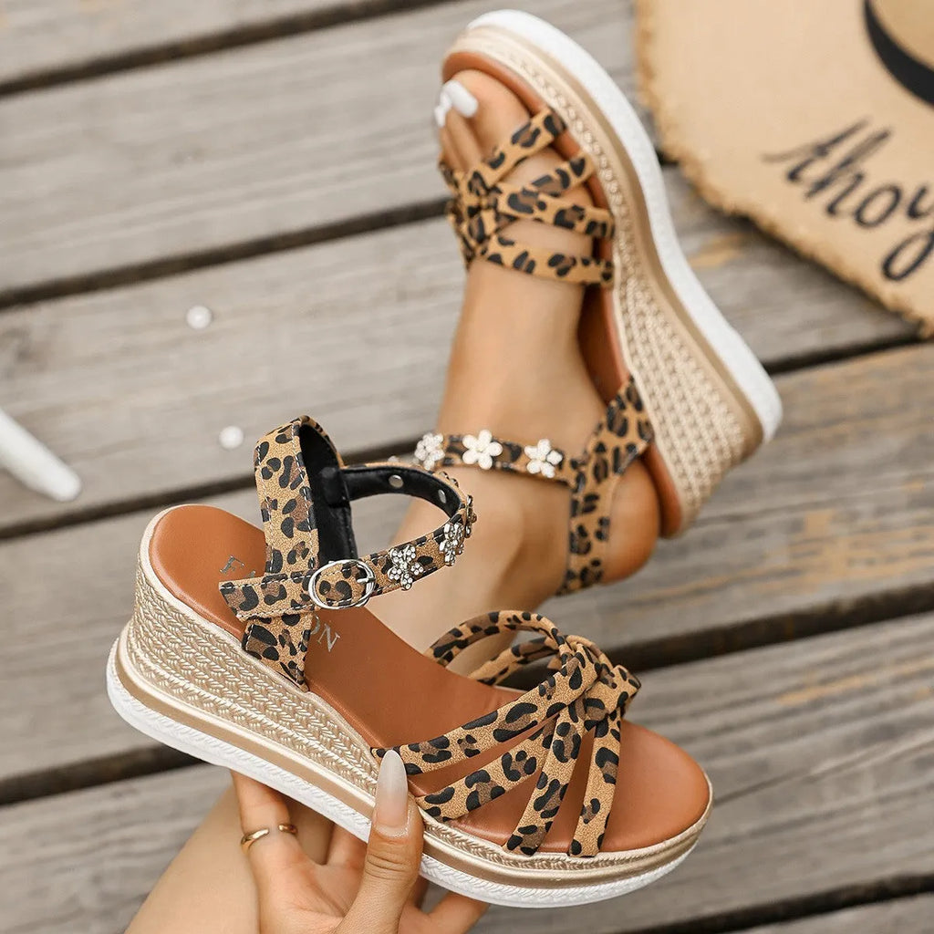 Light brown suede Roman style platform sandals with ankle buckle fastening