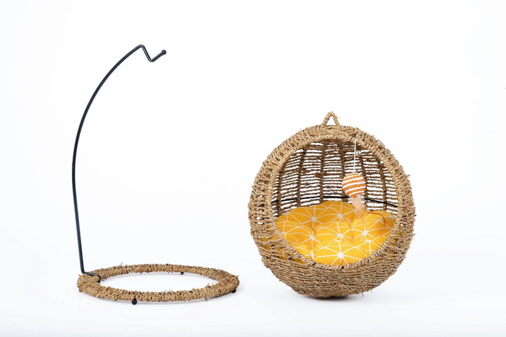Woven round hanging cat bed with rattan wood lining, 45cm height, shown in small and large sizes