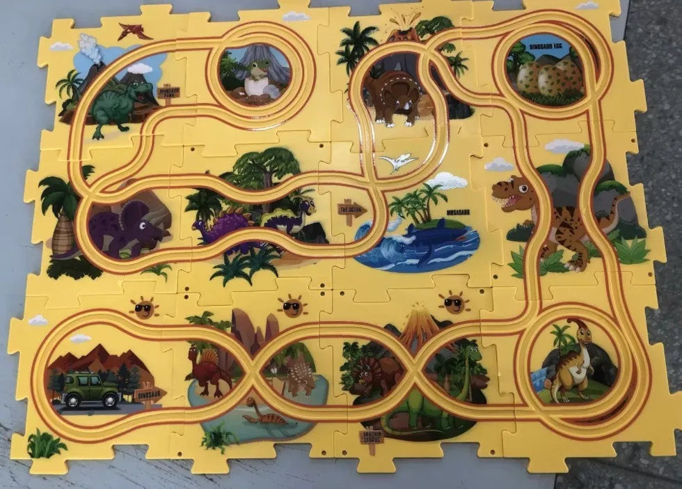 Children puzzle electric railroad speeder with DIY assembly track and automatic car, dinosaur theme