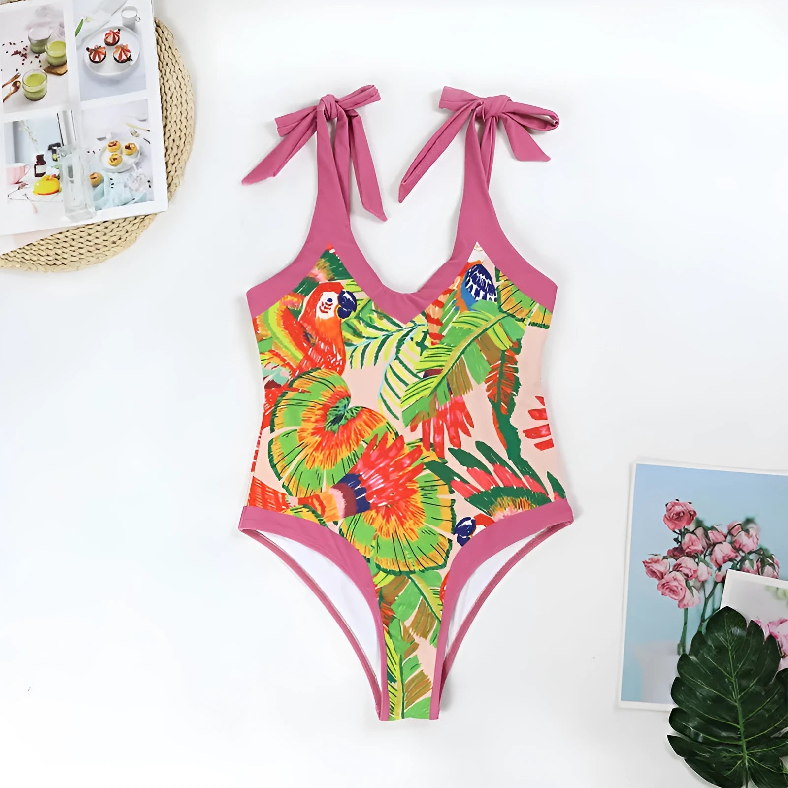 Pink floral print retro one-piece swimsuit with V-neck, covered belly, and thin skirt swim dress design