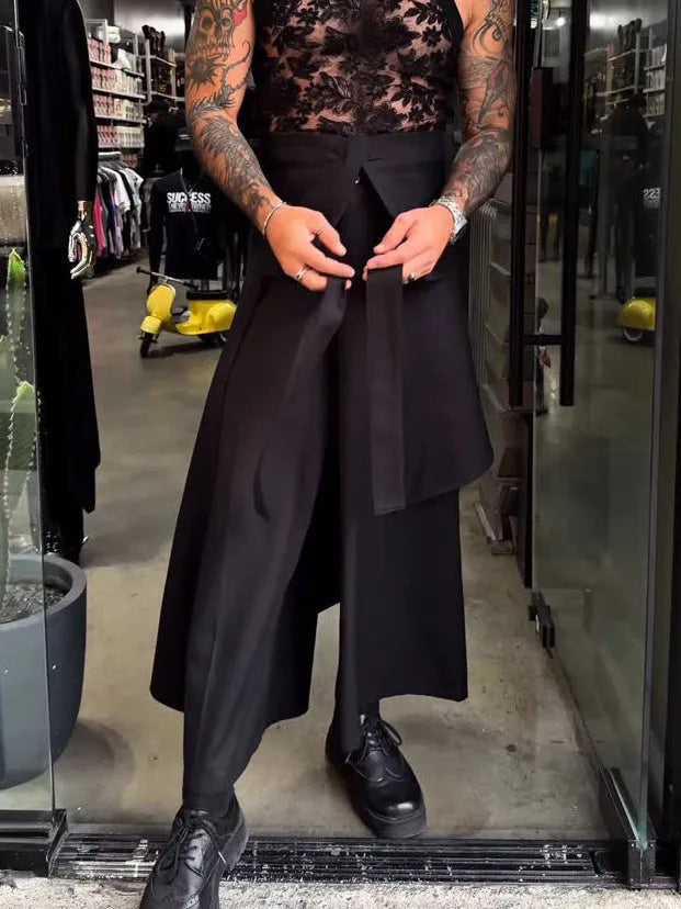 Men's casual strappy solid colour wide-leg ankle-length polyester pants in black