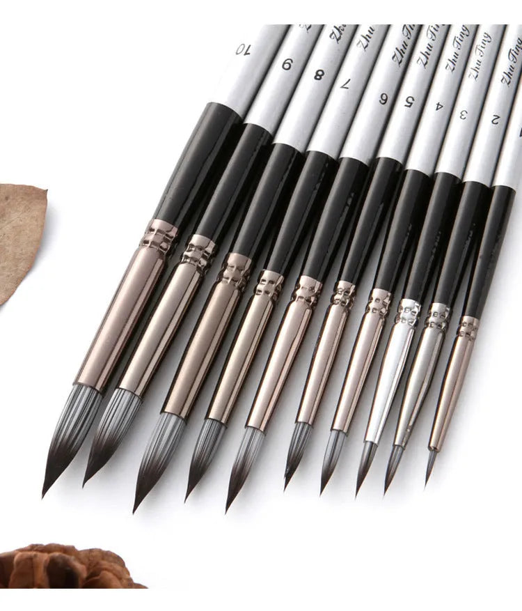 10-piece nylon hair brush set with wooden handles, silver gray rod detail, and round front tips, 20-23cm long