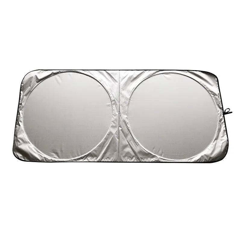Large silver reflective car sunshade measuring 190cm by 90cm, shown folded next to its cloth storage bag.