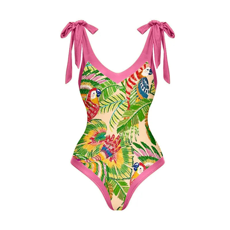 Pink floral print retro one-piece swimsuit with V-neck, covered belly, and thin skirt swim dress design