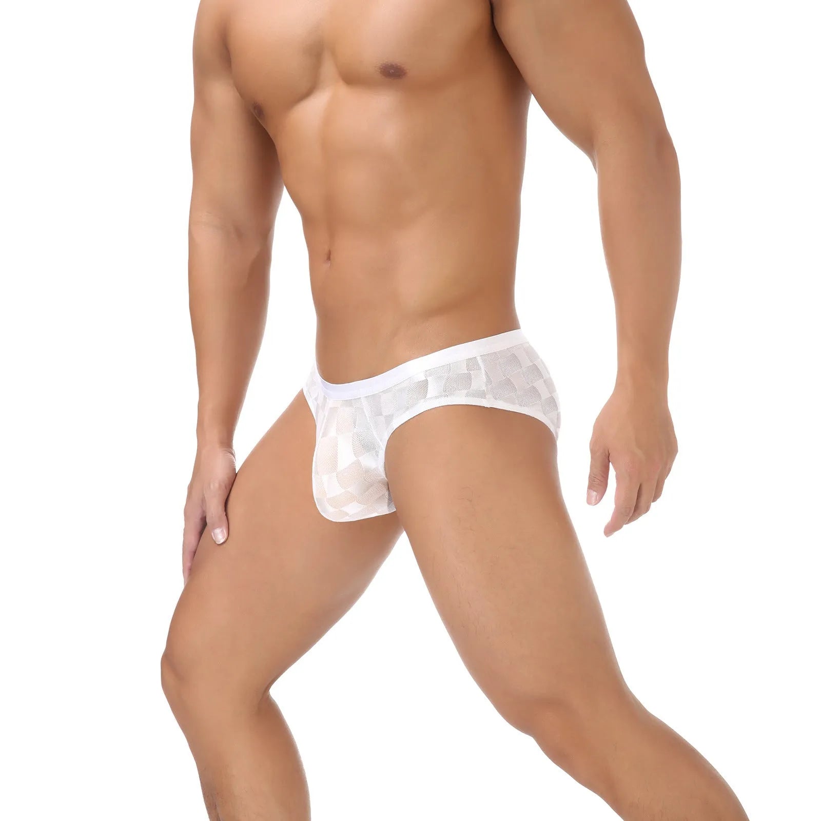 Men's black mesh breathable U-convex plaid underpants briefs with lace nylon fabric