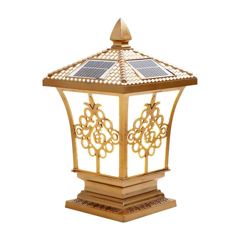 Black small size solar pillar lamp with flower shape, IP65 outdoor protection, 12W, 24V, and pointed flower overall size in mm.