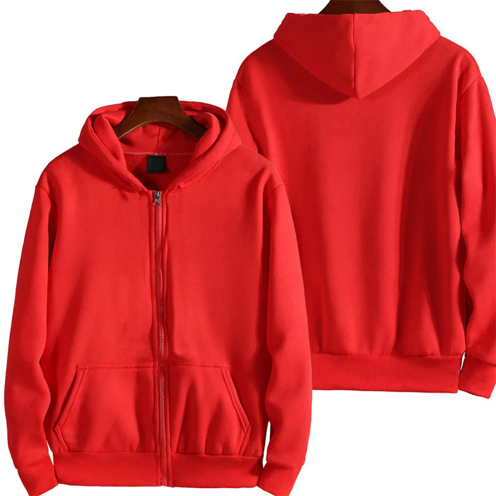 Men's loose fit solid colour zip-up sports jacket on a hanger