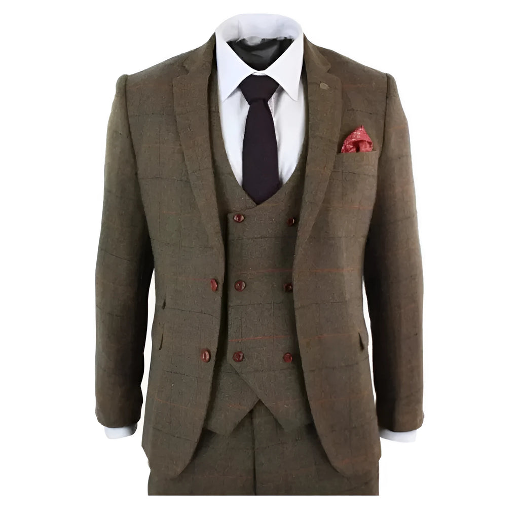 Men's brown plaid three-piece suit set with coat, vest and trousers, slim fit cotton blend, sizes XS to 6XL
