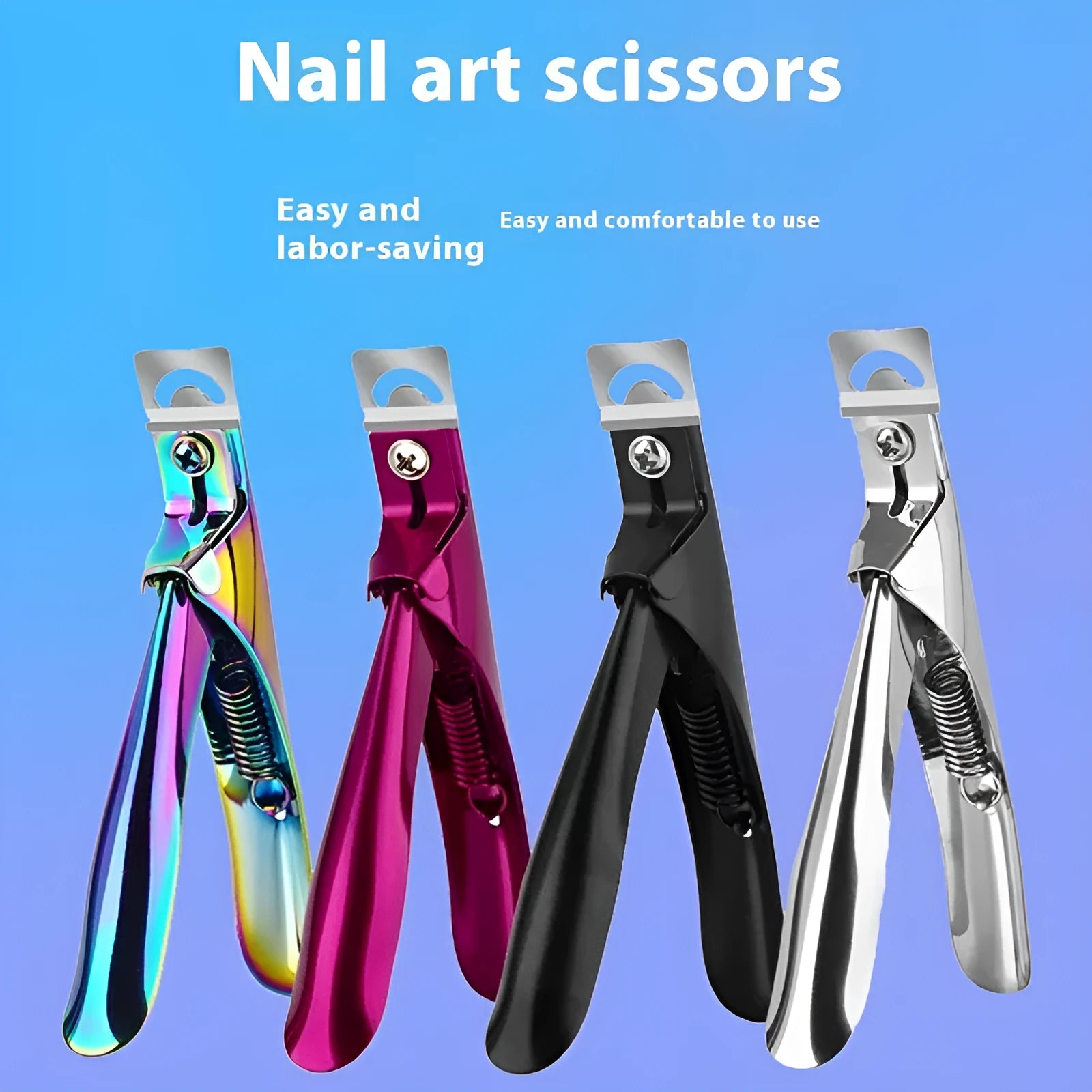 Stainless steel French U-shaped nail art scissors for cuticle trimming, shown in black, titanium, and silver finishes.