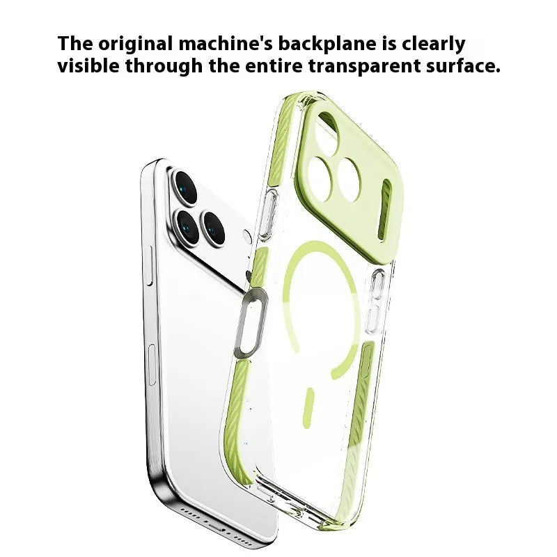 Transparent magnetic iPhone case showing six colour options: blue, green, orange, pink, purple, and gray