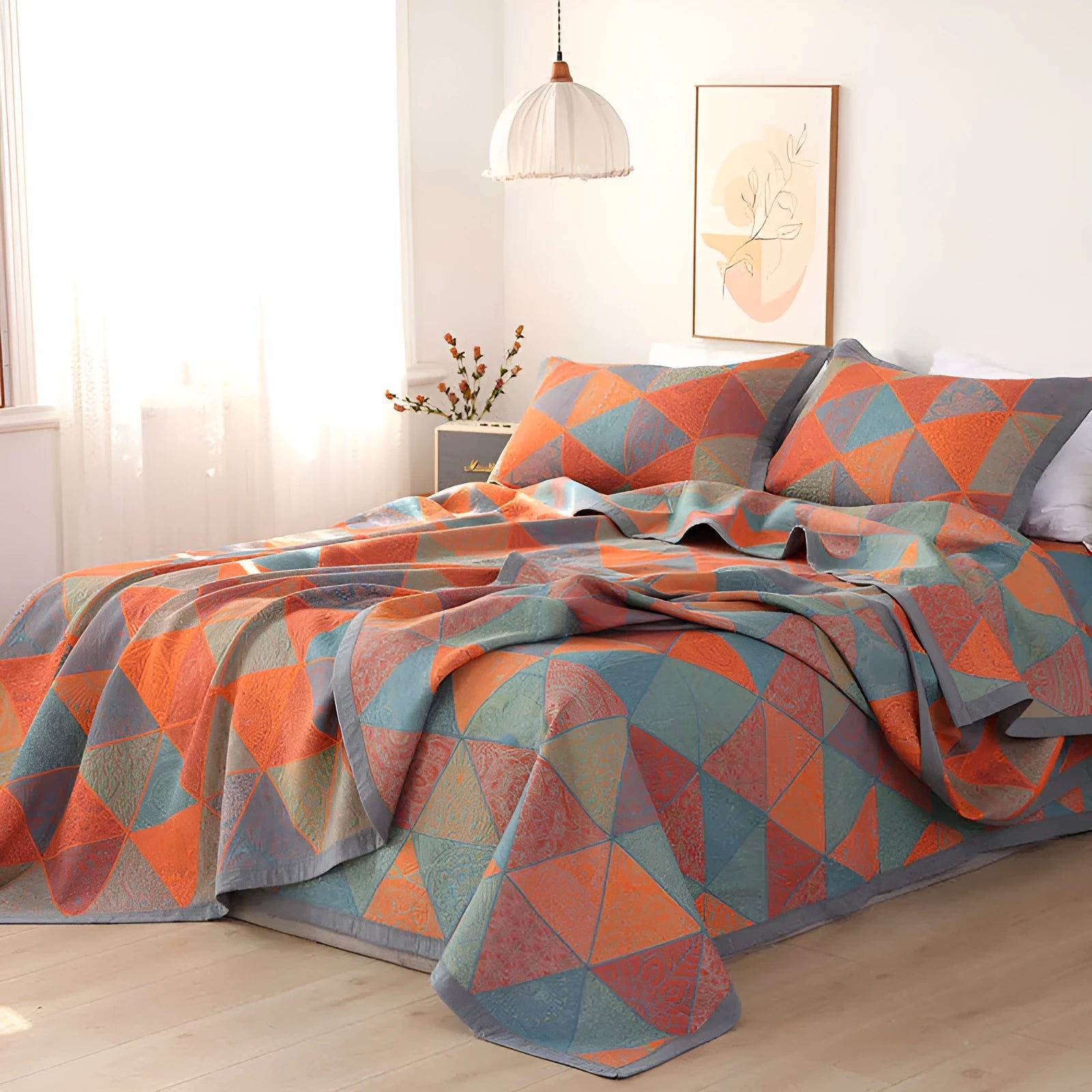 Three-piece cotton gauze bedding set with floral pattern showing blanket and two pillowcases