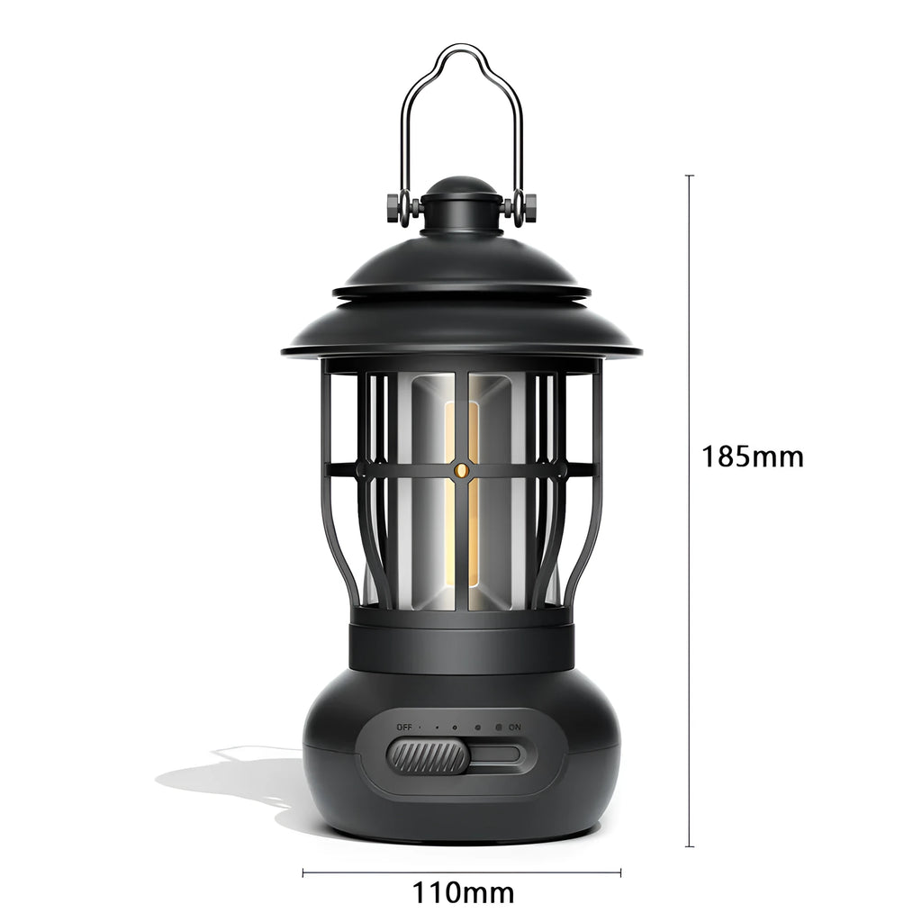 Black retro USB rechargeable camping lantern with iron shell and LED ambient light for outdoor tent use