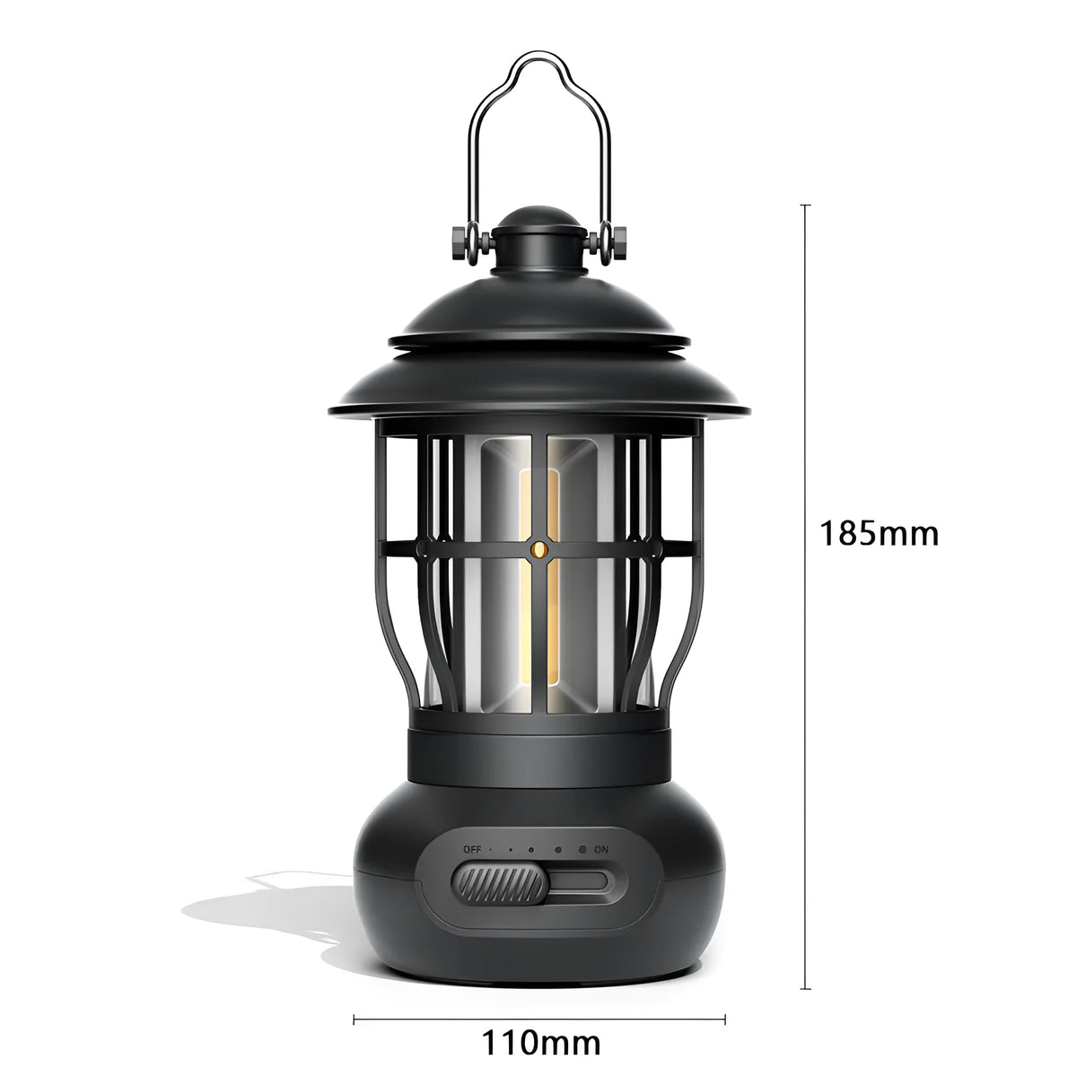 Black retro USB rechargeable camping lantern with iron shell and LED ambient light for outdoor tent use