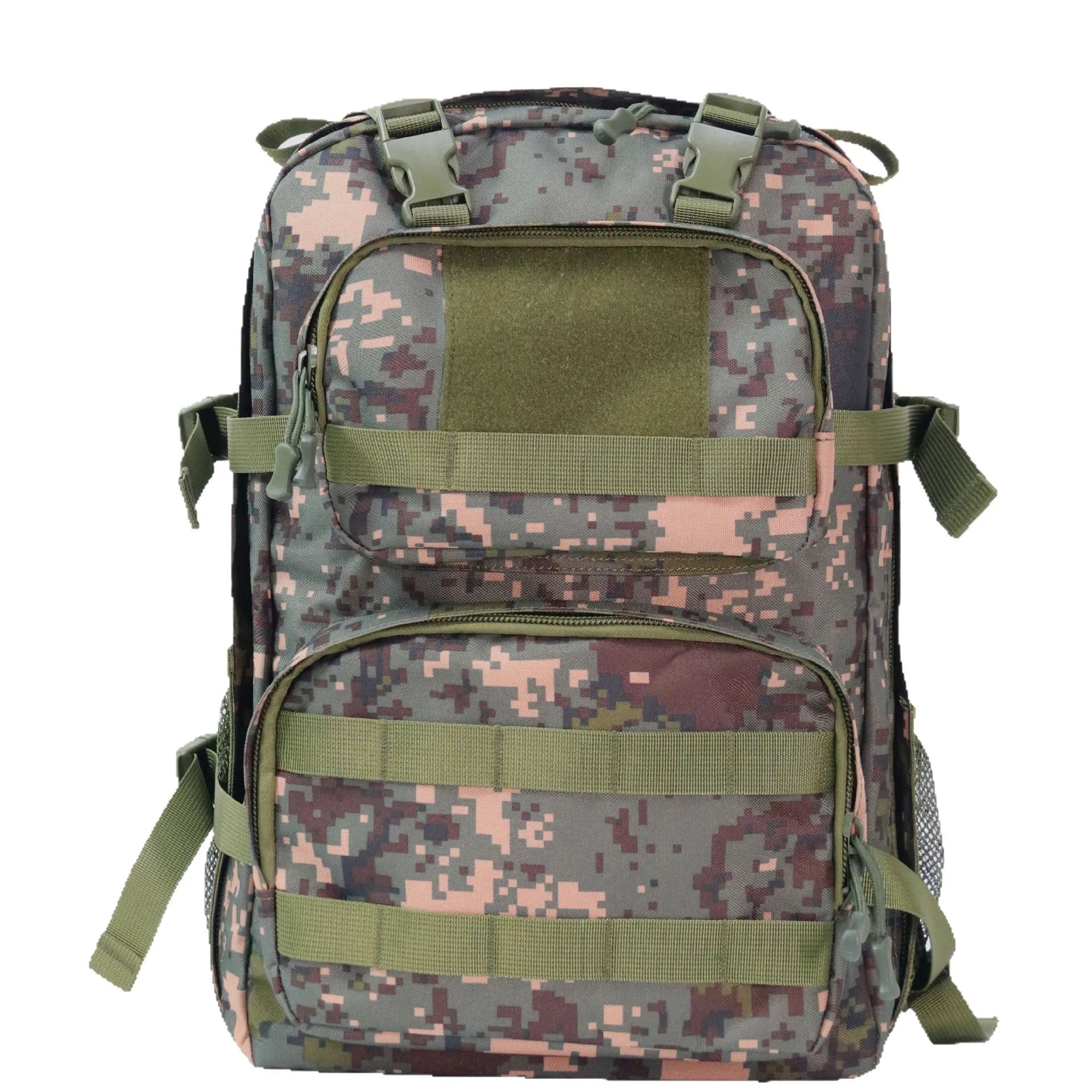 Green camouflage waterproof outdoor rucksack with black straps and a 20-litre capacity.