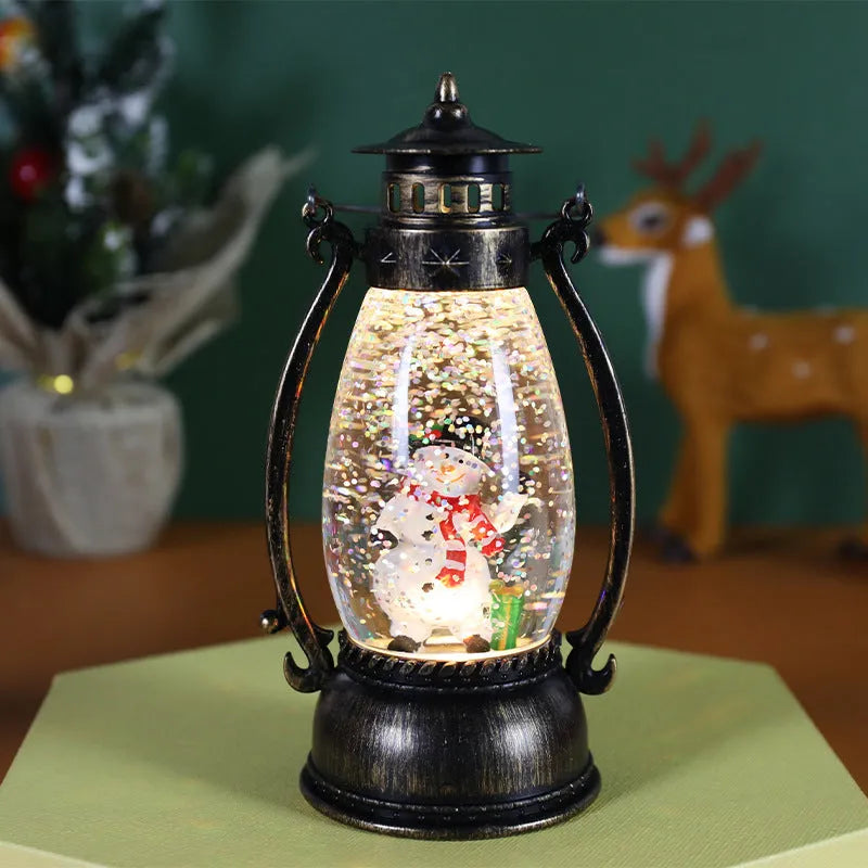 Crystal ball LED oil lamp Christmas decoration showing snowman or elderly figure winter scene inside spherical design