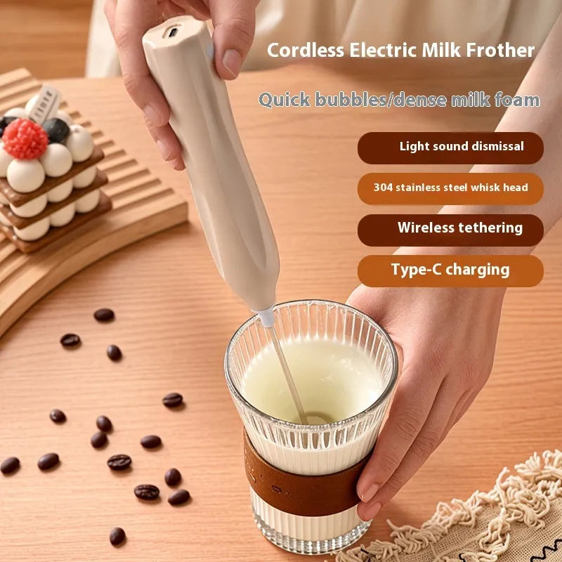 Mini milk frother with 304 stainless steel shaft, three-speed control, Type-C charging, beige colour