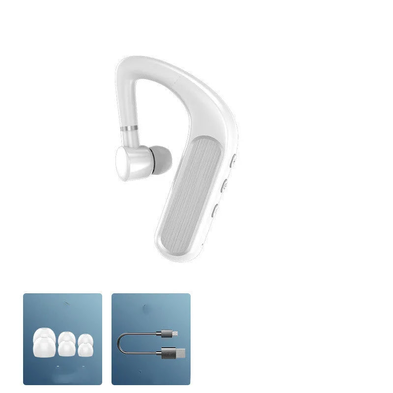Black hanging-ear Bluetooth sports earphones shown with a charging cable and three pairs of silicone ear caps.