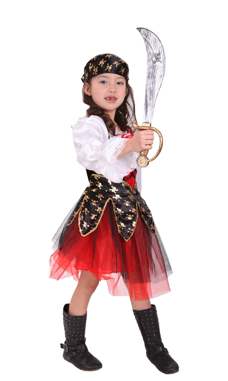 Children's pirate costume for girls with plaid pattern and spandex fabric in three sizes