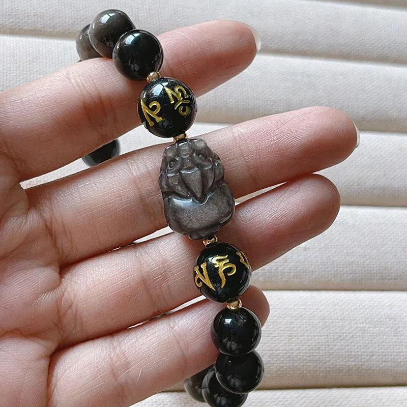 Natural silver stone bracelet for men with engraved zodiac symbols and beaded design