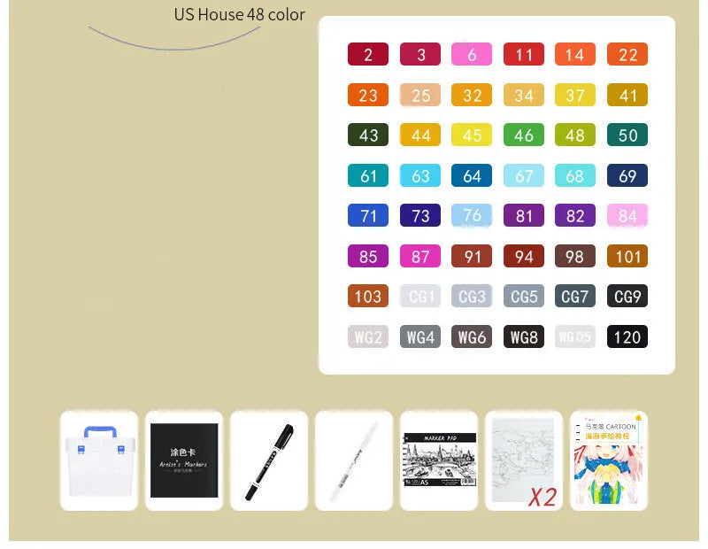 48-colour oily soft-tip marker set with round and oblique heads for hand-painted artwork