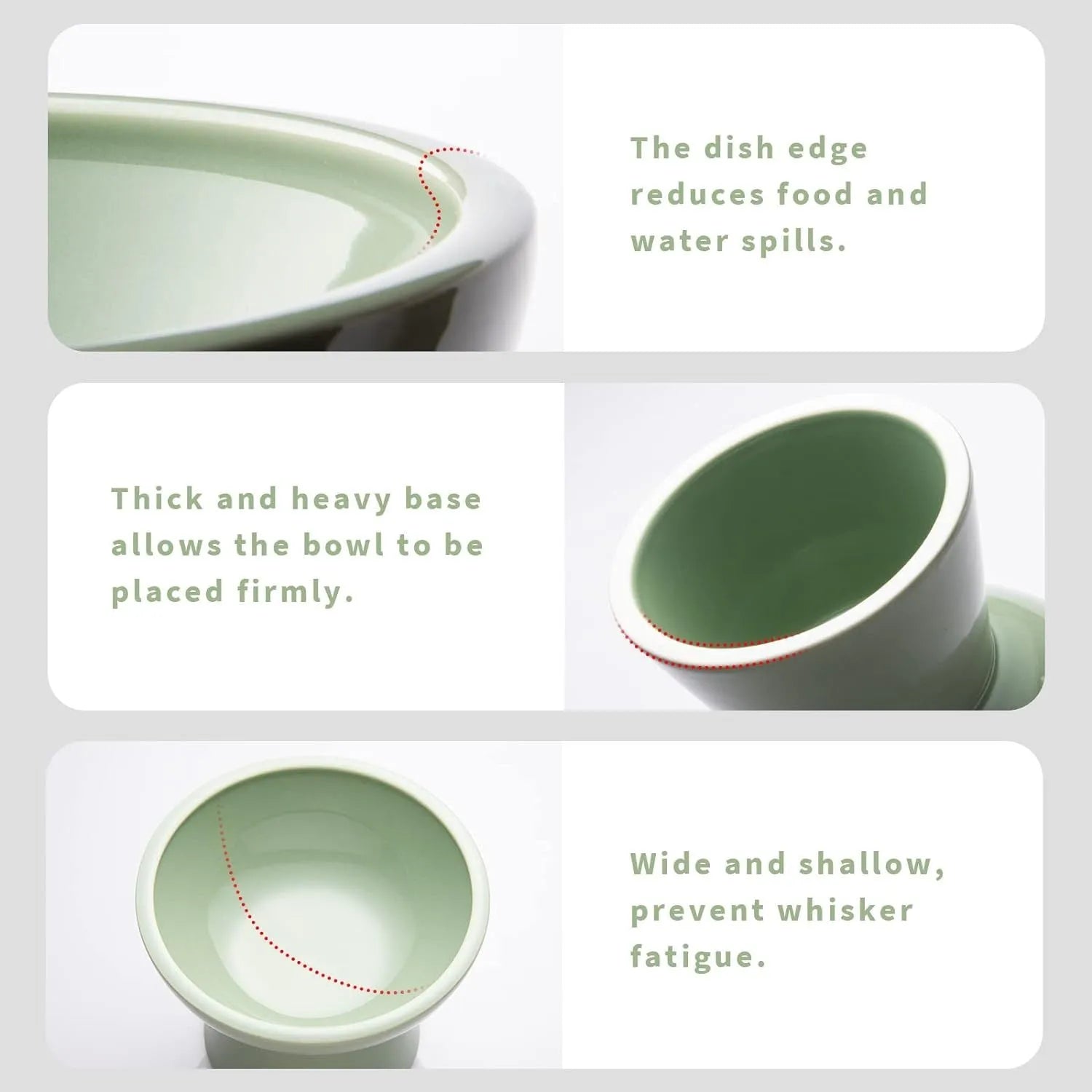Wide shallow ceramic elevated cat food bowl in blue colour showing dimensions